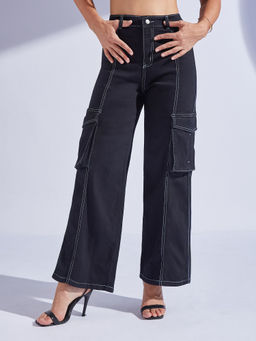 Miss Chase - Womens Black Wide Leg High Rise Denim Cargo Jeans
