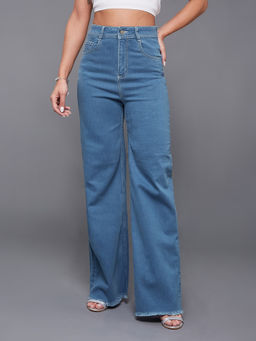 Miss Chase - Womens Blue Wide Leg High Rise Stretchable Denim Jeans