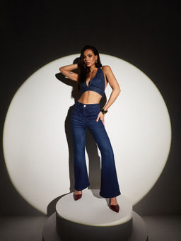 Miss Chase - Womens Navy Blue Bootcut High Rise Denim Shaping Jeans