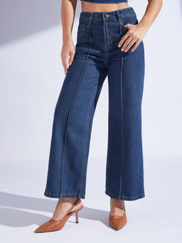 Miss Chase - Womens Navy Blue Wide Leg High Rise Denim Jeans