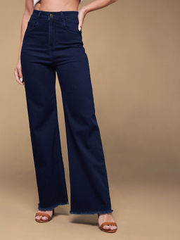Miss Chase - Womens Navy Blue Wide Leg High Rise Stretchable Denim Jeans