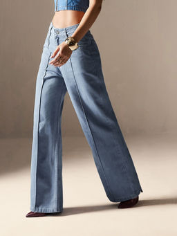 Miss Chase - Womens Light Blue Straight-Fit High Rise Clean-Look Non- Denim Jeans