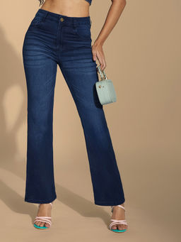 Miss Chase - Womens Navy Blue Wide Leg Mid Rise Regular Stretchable Denim Jeans