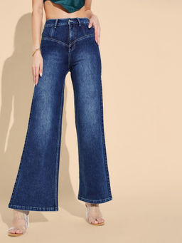 Miss Chase - Womens Blue High Rise Regular Length Denim Wide Leg Shaping Jeans