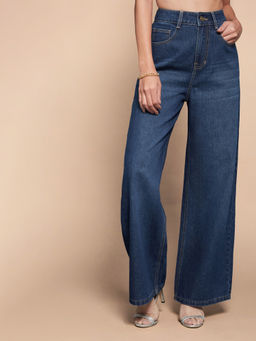 Miss Chase - Womens Navy Blue Wide Leg High Rise Clean Look Regular Length Denim Jeans