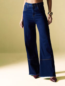 Miss Chase - Womens Navy Blue Wide Leg High Rise Stretchable Denim Jeans