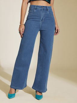 Miss Chase - Womens Blue Wide Leg High Rise Regular Length Denim Jeans