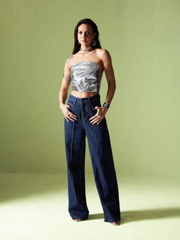 Miss Chase - Womens Navy Blue Wide Leg High Rise Clean Look Non- Denim Jeans