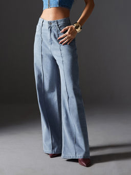 Miss Chase - Womens Light Blue Straight-Fit High Rise Denim Jeans