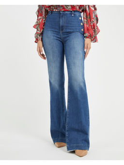 Guess - Womens Blue Cotton Solid Regular Fit Jeans