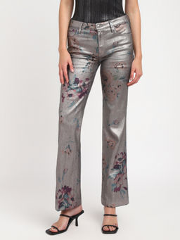 Guess - Women Silver Floral Print Mid-Rise Regular Length Jeans