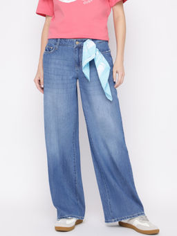 Guess - Womens Blue Washed Mid-Rise Relaxed Fit Jeans