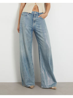 Guess - Womens Blue Cotton Solid Relaxed Fit Jeans