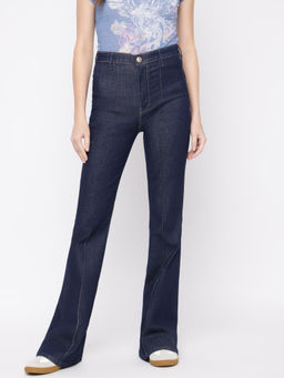 Guess - Womens Blue Solid High Rise Flare Fit Jeans