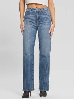 Guess - Womens Blue Embellished Mid-Rise Straight Leg Jeans