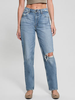 Guess - Womens Blue Solid Mid-Rise Straight Leg Jeans