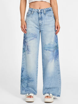 Guess - Womens Blue Floral Print Mid-Rise Flared Leg Jeans