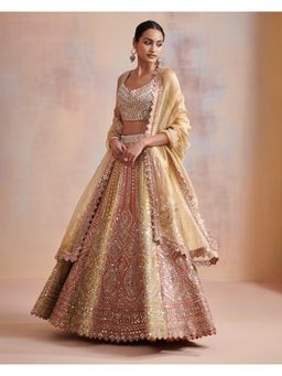 SUHINO - Rust Mustard Slub Silk Lehenga with Blouse & Dupatta (Set of 3)