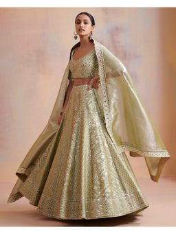 SUHINO - Sage Green Slub Silk Lehenga with Blouse & Dupatta (Set of 3)