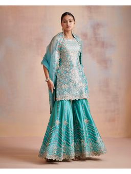 SUHINO - Turquoise Tissue Kurta with Sharara & Dupatta (Set of 3)