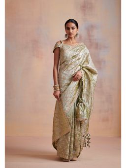 SUHINO - Moss Green Tissue Saree with Stitched Blouse & Petticoat with Stitched