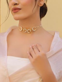 BINNI - White Pearl Beaded Crescent Moon Kundan Pendant Necklace