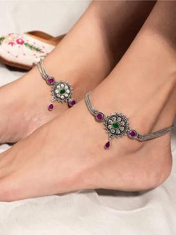 BINNI - Multi-Color Kavya Bloom German Silver Anklets (Pack of 2)