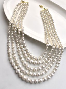 Peach Tassels - White Classic Five Layered Pearl Necklace