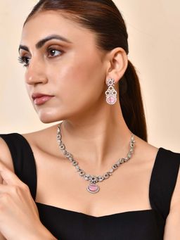 VOJ - Pink Silver Plated Designer Oval Stone Ad Necklace Set