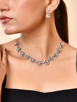 VOJ - White Silver Plated Ad Stone Temple Necklace Set