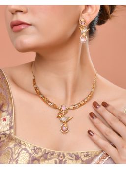 VOJ - Gold Plated Bird Shaped Designer Pink Ad Necklace Set
