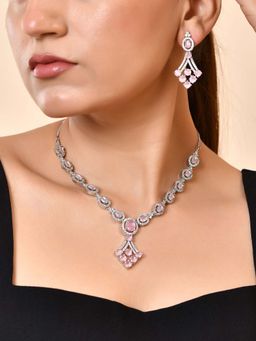 VOJ - Silver Plated Baby Pink Ad Stone Studded Necklace Set