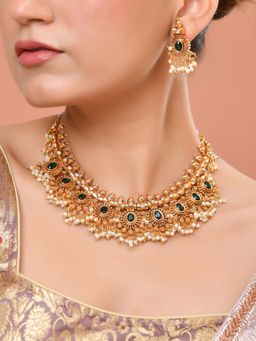 VOJ - Gold Plated Green Stone Oval Necklace Set
