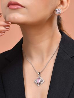 VOJ - Silver Plated Baby Pink Rectangular Stone Square Necklace Set