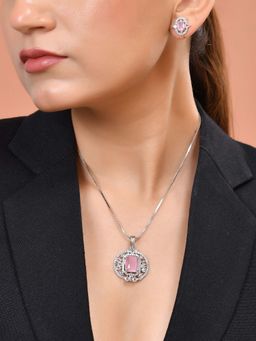 VOJ - Silver Plated Baby Pink Rectangular Shaped Necklace Set