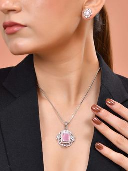 VOJ - Silver Plated Baby Pink Rectangular Shaped Stone Necklace Set