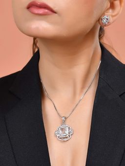 VOJ - Silver Plated Rectangular White Ad Stone Studded Necklace Set