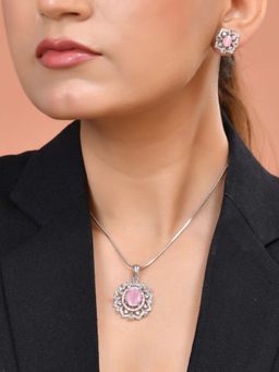 VOJ - Silver Plated Baby Pink Circular Stone Studded Necklace Set