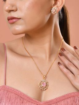 VOJ - Gold Toned Baby Pink Oval Stone Studded Sun Shaped Necklace Set