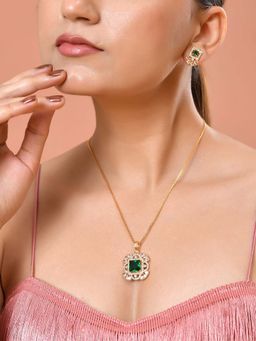 VOJ - Gold Plated Green Square Shaped Stone Studded Necklace Set