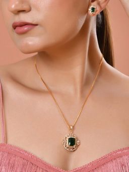 VOJ - Gold Toned Green Rectangular Shaped Cz Necklace Set