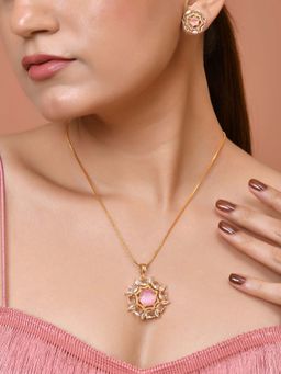 VOJ - Gold Plated Baby Pink Circular Stone Studded Floral Cz Necklace Set