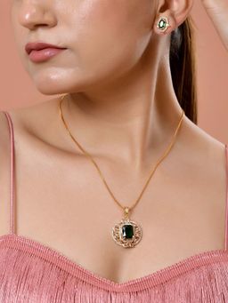 VOJ - Gold Toned Green Rectangular Shaped Cz Necklace Set