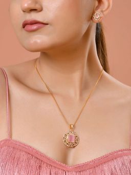 VOJ - Gold Plated Baby Pink Rectangular Shaped Studded Necklace Set
