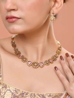 VOJ - Gold Tone Floral With Pink Stone Ad Necklace Set