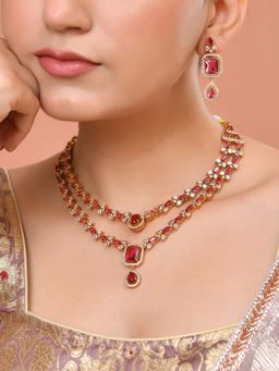 VOJ - Gold Plated Dual Layer Ruby Red Stone Studded Necklace Set
