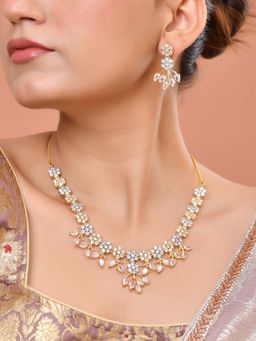 VOJ - White Gold-Toned Ad Stone Studded Floral Necklace Set