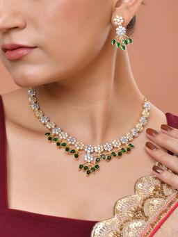 VOJ - Green Gold-Toned Ad Stone Studded Floral Necklace Set