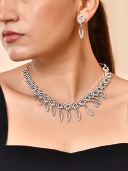 VOJ - Silver Plated Ad Studded Square & Leaf Shaped Necklace Set