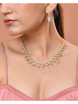 VOJ - Gold Plated Ad Studded Square And Leaf Shaped Necklace Set